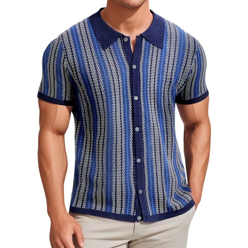 Striped Knitted Summer Short Sleeves Jacquard Polo Shirt Dark Blue